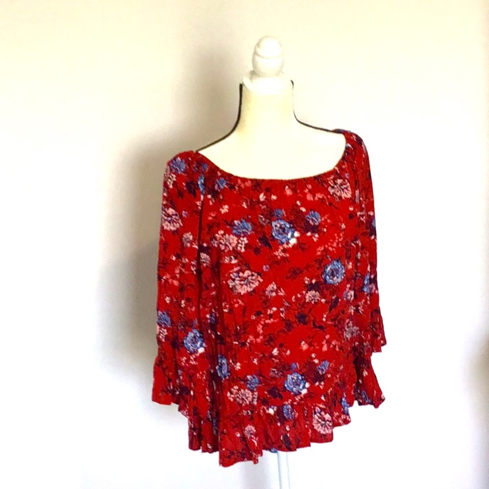 Red floral peasant top